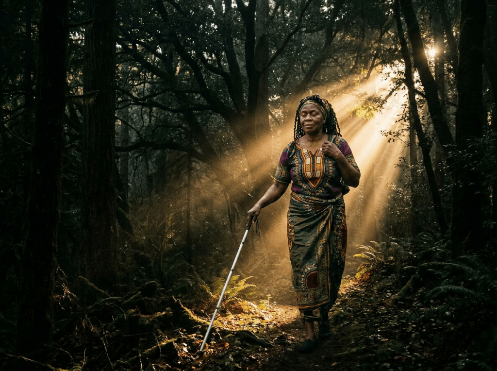 Woman with guide cane walking in forest with sunlight beams