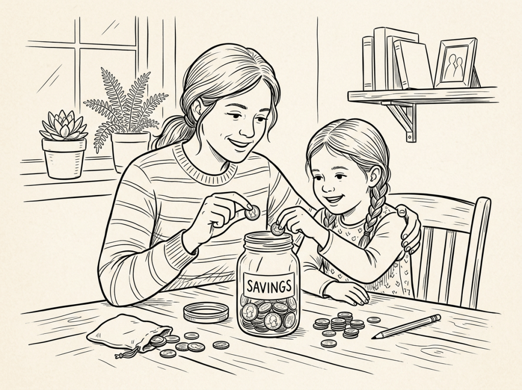 Mother and daughter placing coins into a jar labeled savings
