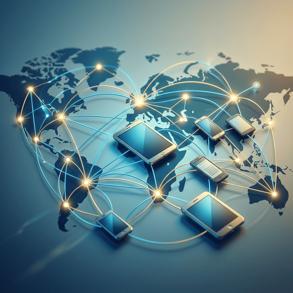 Smartphones connected across a world map by glowing network lines