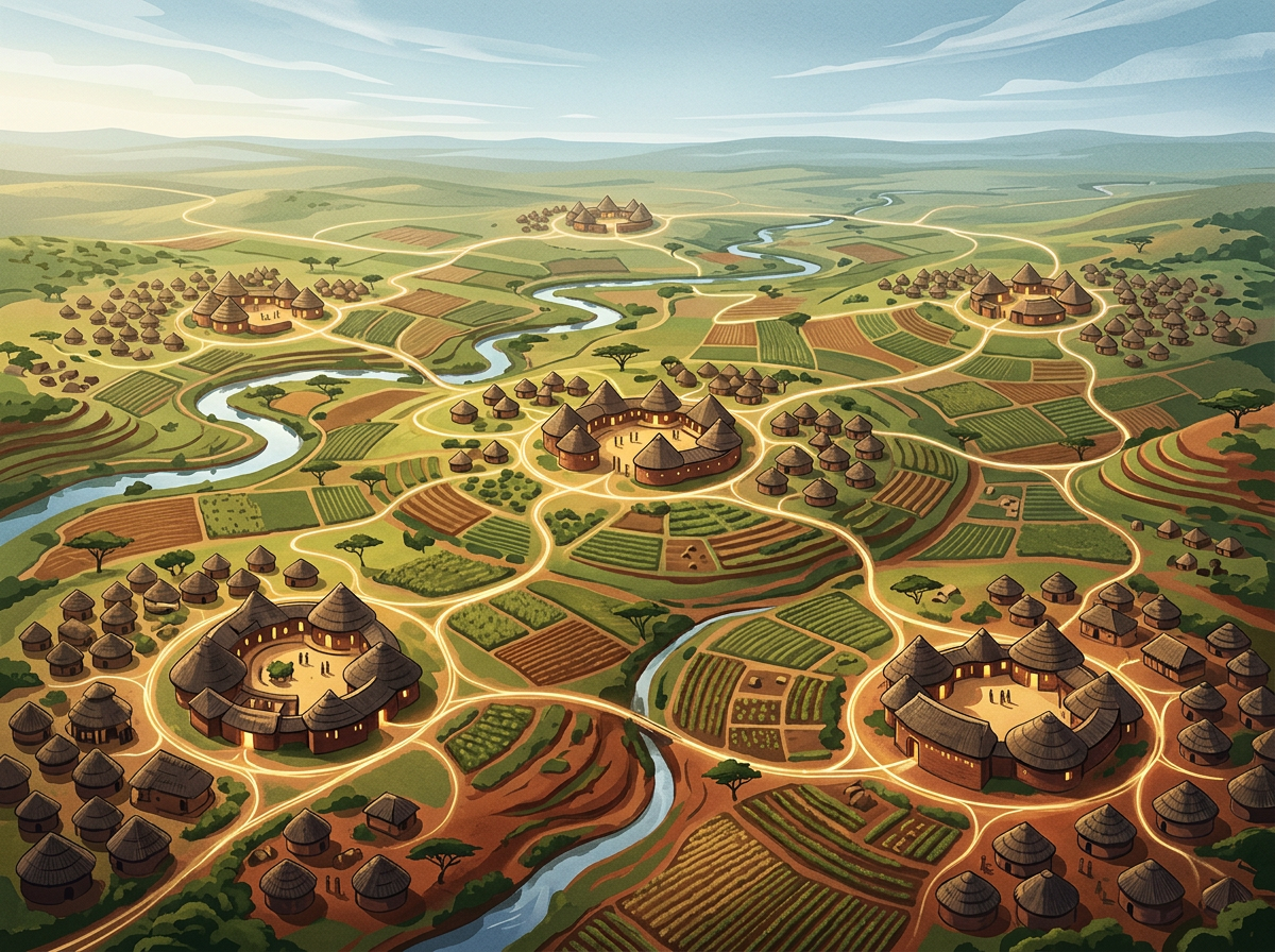 Illustrated rural landscape with villages, crop fields, winding rivers, and paths