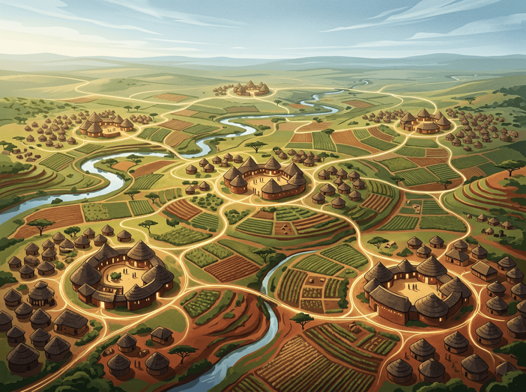 Illustrated rural landscape with villages, crop fields, winding rivers, and paths